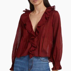 Doen Hardy Pintuck Cotton Ruffle V-Neck Blouse (Crimson)